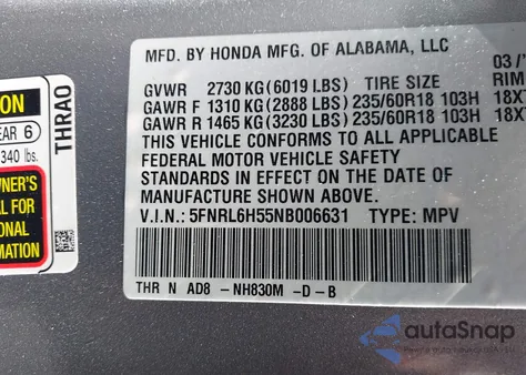 2022 Honda Odyssey Ex from USA, damaged, VIN 5FNRL6H55NB006631